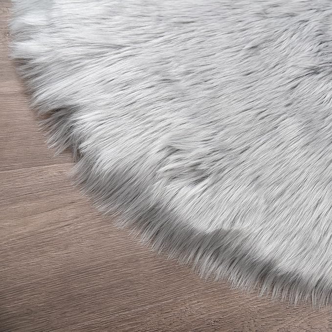 Latepis Round 3ft Small Fur Rug Grey Fluffy Faux Sheepskin Cute Circle Rugs - Image 6
