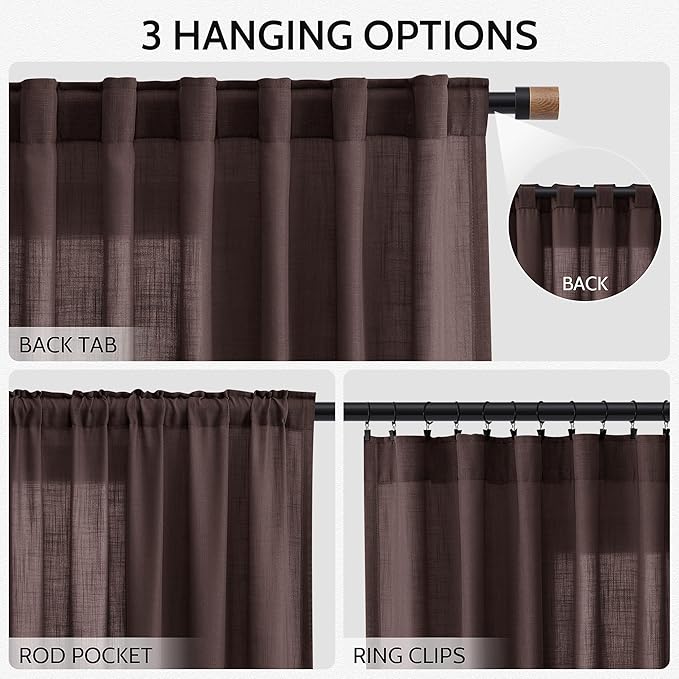 Coffee Brown Linen Curtains for Living Room 98 Inches Long Light Filtering Semi - Image 2
