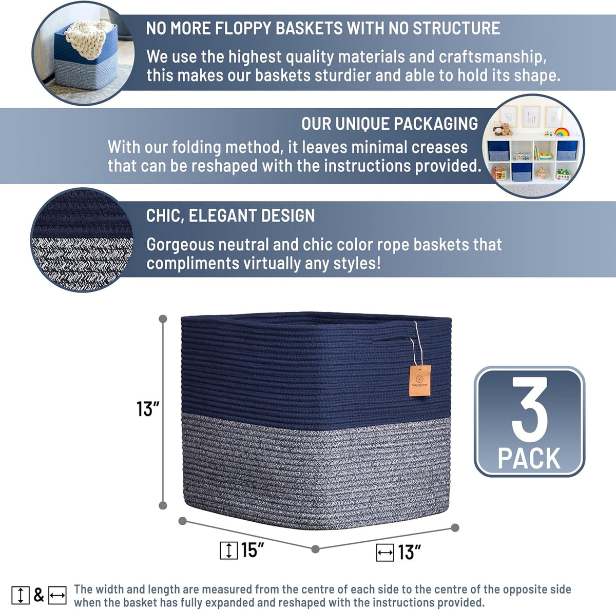 13x15x13 Kallax Storage Cubes Bins, 3 Pack | Cotton Rope Cube Storage Bin Woven Baskets for Organizing | Kallax Insert Storage Baskets for Shelves Organizer, Kids Toy, Closet Baby Nursery