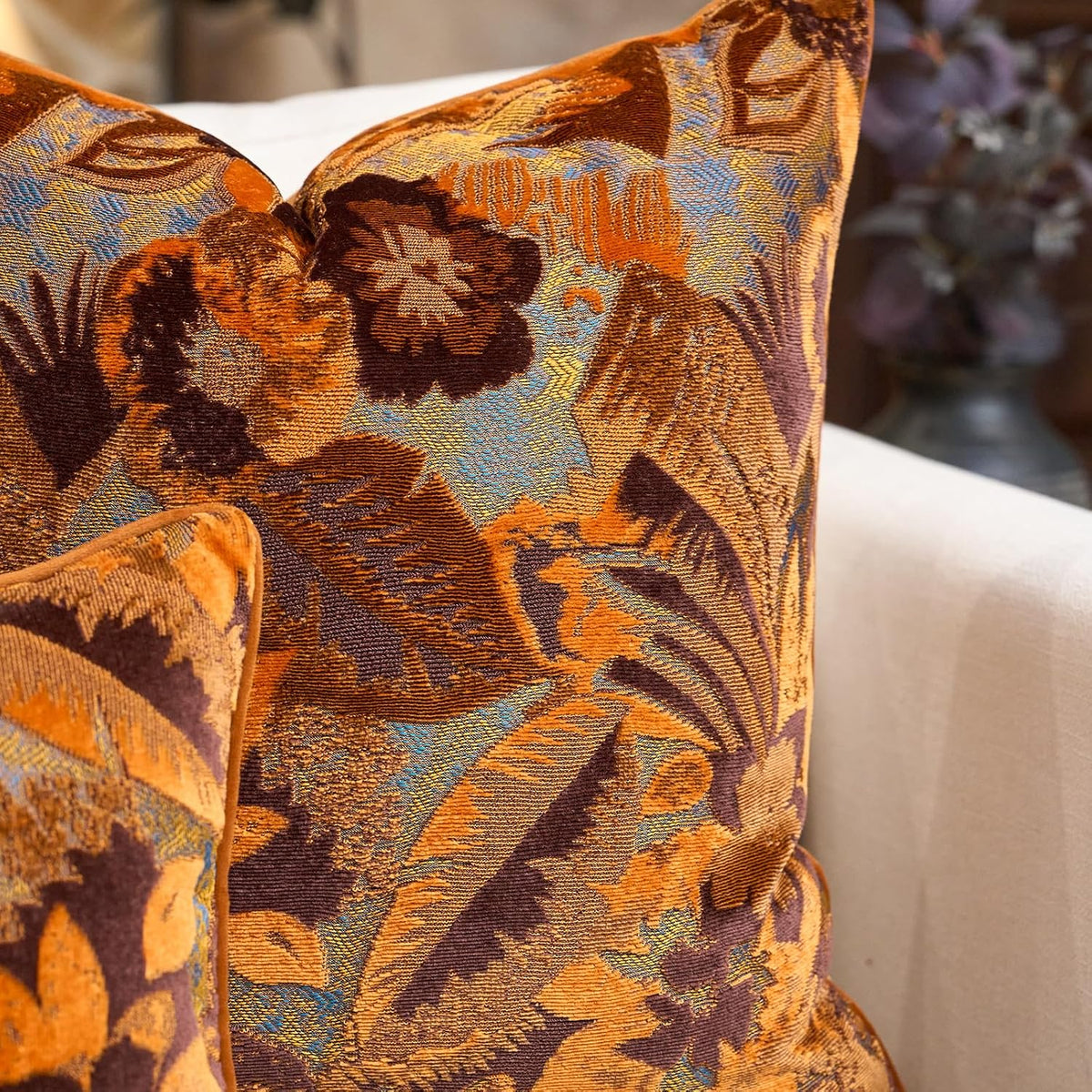 Alerfa Orange Neutral Floral Pillow Cover 18 x 18 Inch, Vintage Cut Velvet Square Couch Throw Pillow Cover Soft Decorative Farmhouse Accent Pillowcase for Living Room Bedroom