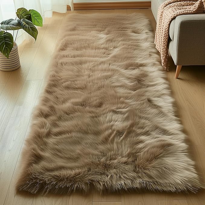 Goolela Furry 2x6 Fluffy Faux Sheepskin Beige Washable Shag Rug by Goolela