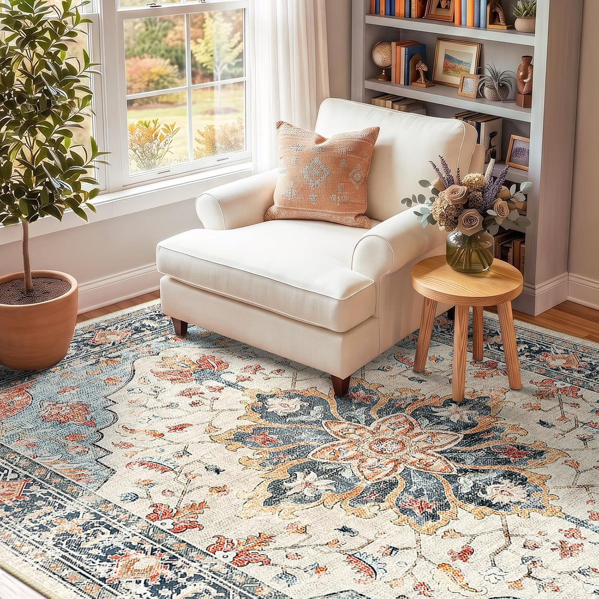 RELEANY Washable Area Rug, 8'x10', Beige/Blue/Orange