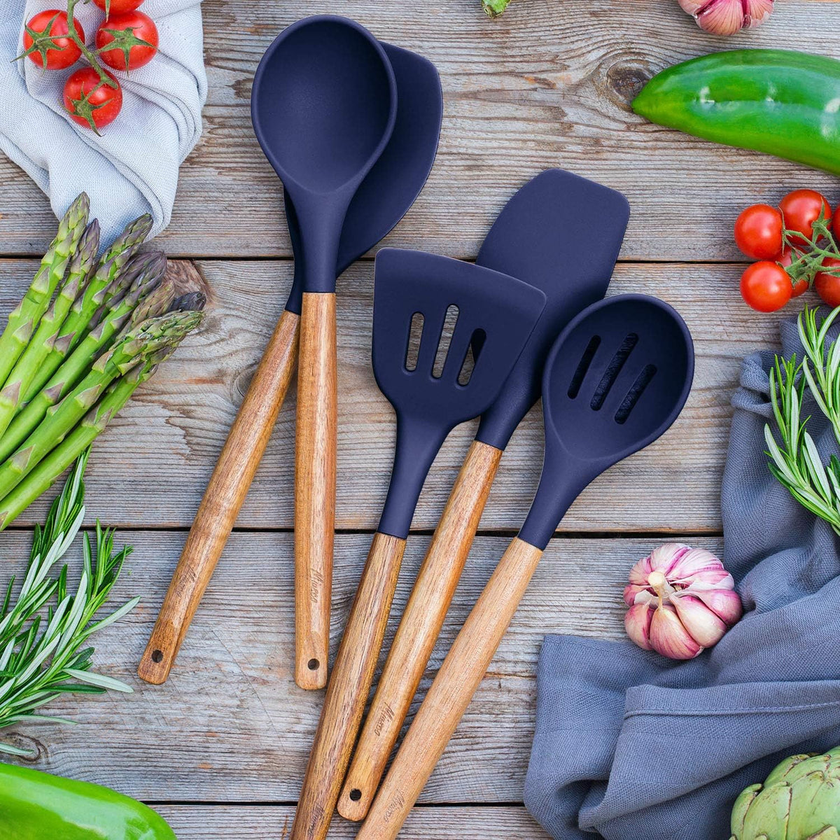 Non-Stick Silicone Kitchen Utensils Set with Natural Acacia Hard Wood Handle, 5 Piece, Midnight Blue, BPA Free, Baking & Serving Silicone Cooking Utensils