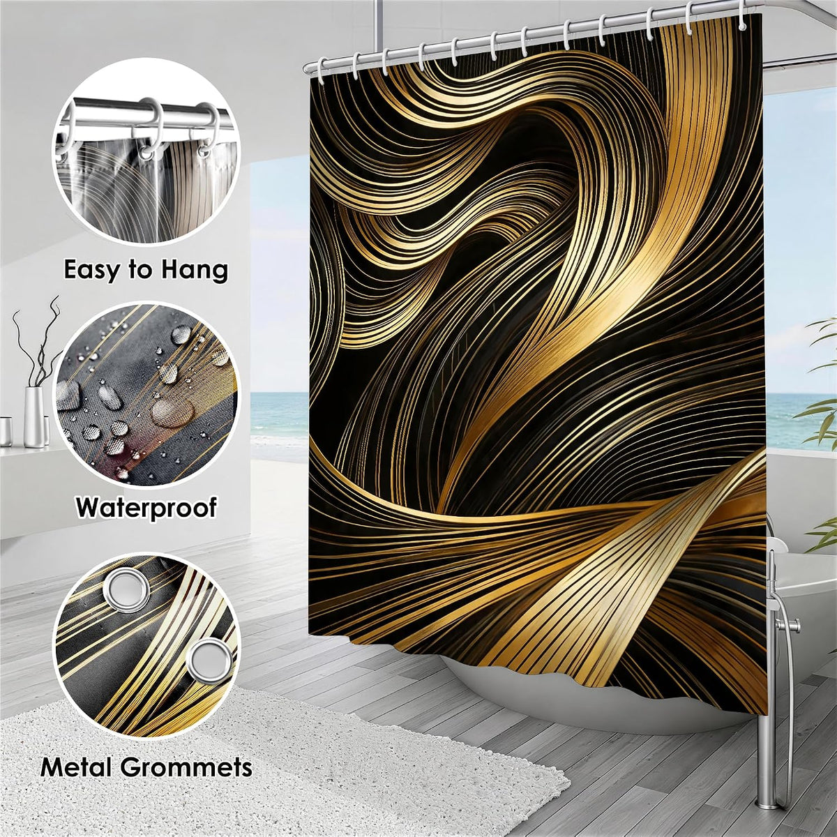 4pcs Shower Curtain Set Black Golden Strip Bathroom Decor with Rug