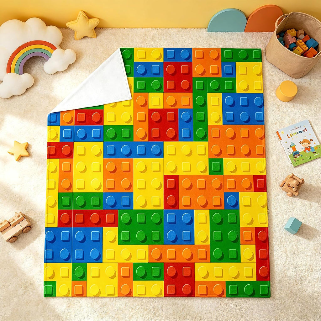 Building Blocks Thermal Insulated Flannel Fleece Throw Blanket - Toy Geometric Rectangle All Season Fuzzy for Bed Sofa Couch - Modern Style Bedroom Decor Plush Baby 30"x40"
