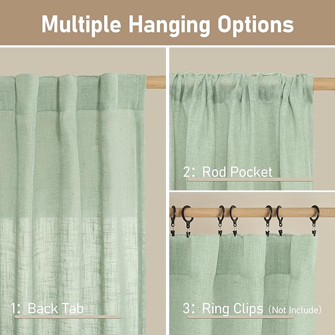 LAMIT Linen Curtains 48 Inch Length 2 Panels, Light Filtering Panels Back Tab - Image 3