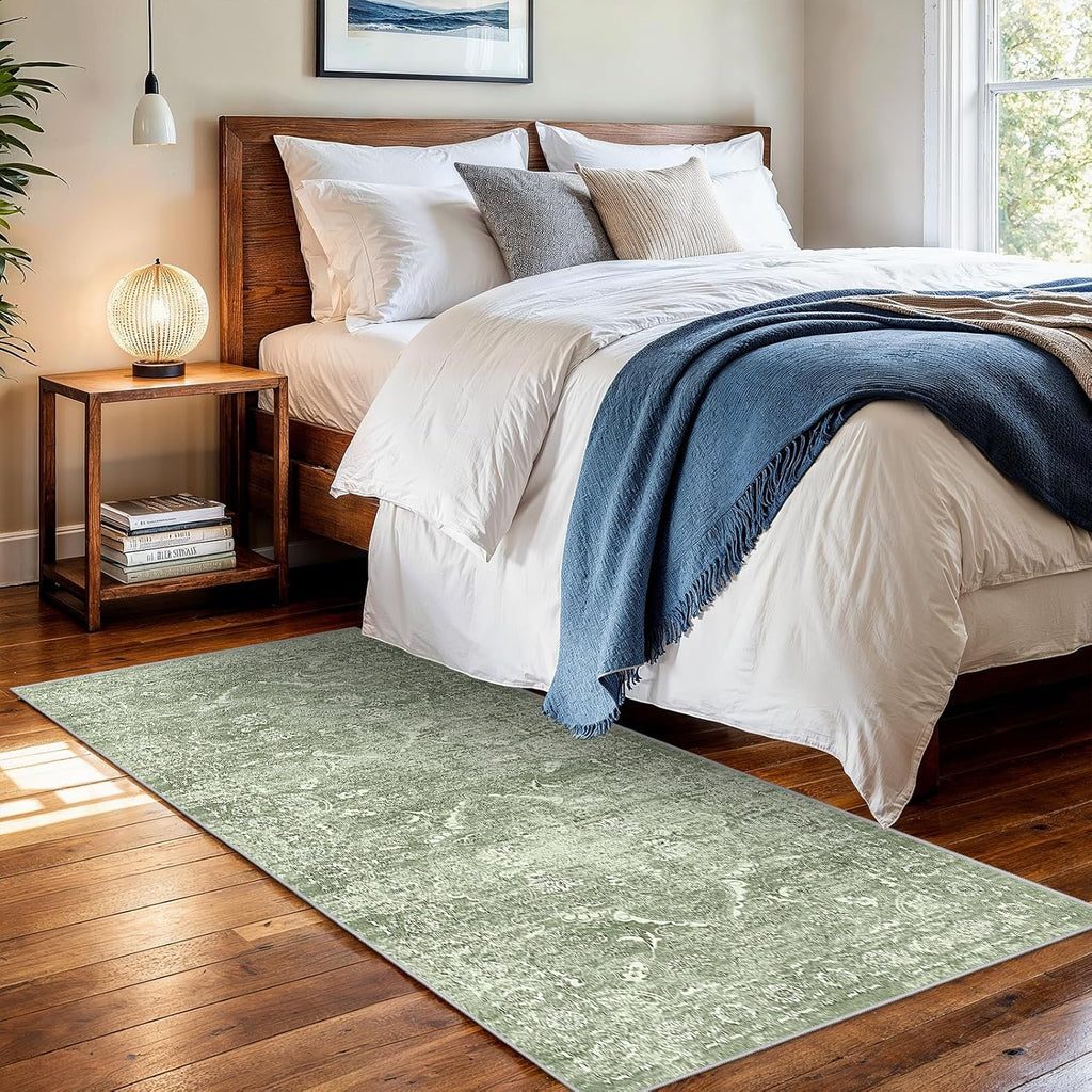 3x6 Washable Runner Rug: Vintage Medallion Kitchen Soft Rugs SageGreen
