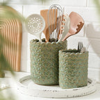 JIEMEI HOME Kitchen Utensil Holder, Large 7.5"+6.2" Petal Ceramic Utensil Crock for Countertop, Utensil Holder with Cork Mat, Morden Utensil Organizer for Spatula, Kitchen Decor, Set of 2- Green