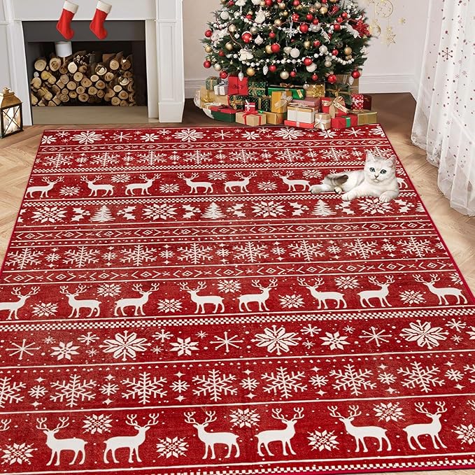 Christmas Rug 4x6 Washable Rugs, Boho Christmas Tree Snowflake Rug Non-Slip - Image 3
