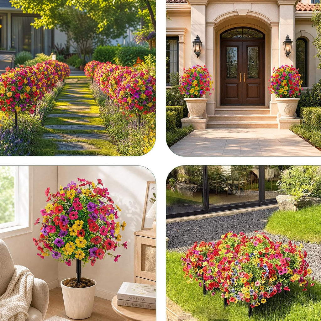 22 Inch Artificial Flowers and Shrubs with Stakes for Outdoors, 4 Colors Mix, 165 Blooms Per Stem, Vibrant Color & No Fade, Heavy‑Duty Stakes for Yard Lawn Patio All‑Season Decor (2Pcs)