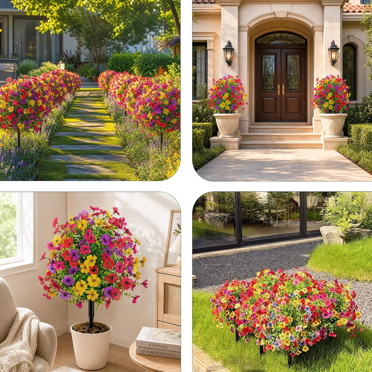 22 Inch Artificial Flowers and Shrubs with Stakes for Outdoors, 4 Colors Mix, 165 Blooms Per Stem, Vibrant Color & No Fade, Heavy‑Duty Stakes for Yard Lawn Patio All‑Season Decor (2Pcs)
