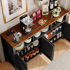 knoworld Buffet Sideboard with Storage with Power Outlets & LED Light, Large Farmhouse Kitchen Storage Cabinet Wood 4 Doors Coffee Bar Cabinet for Kitchen, Living Room, Black 55in