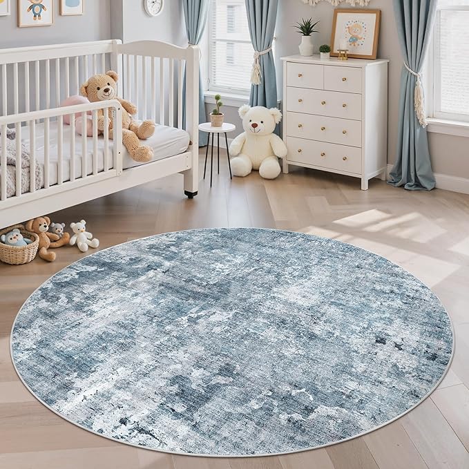 5x5 Blue/Grey Round Rug 5ft Living Room Circle Rug Vintage Round Area Rug Non - Image 2