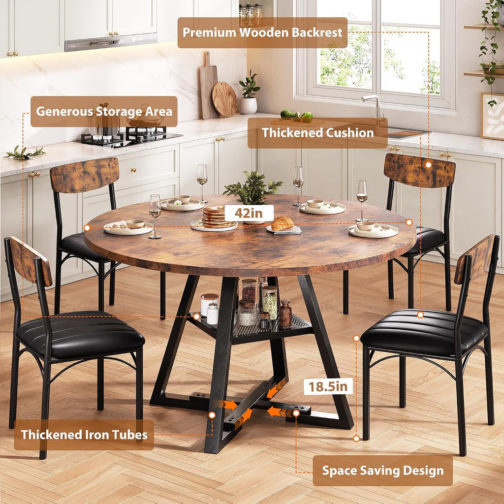 Dining Table Set for 4,Kitchen Table and Chairs for 4, Round Dining Room Table with Upholstered Chairs, 5 Piece Space Saving Circle Wood Kitchen & Dining Room Dinner Dinette Table Set (Vintage, 42In)