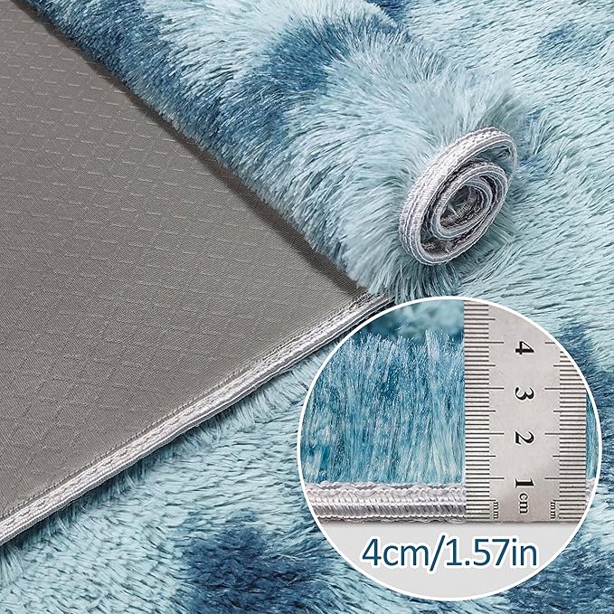 Super Soft Fluffy Living Room Area Rug 2x8 ft Tie-Dyed Light Blue Shaggy Furry - Image 5