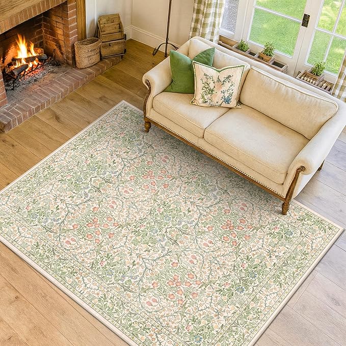 Hazo Haus Beige Green Bedroom Rug 5x7 Area Rug by HazoHaus