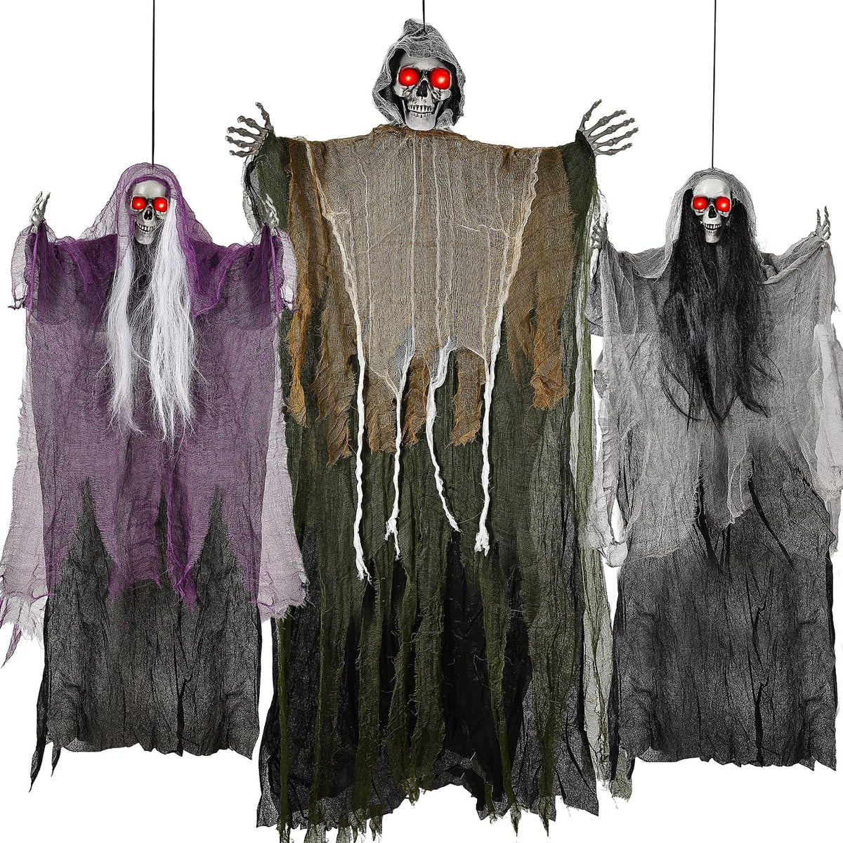 3PCS Scary Hanging Ghosts with Glowing Eyes, Light-Up Halloween Ghost Decorations, Outdoor/Indoor Decor for Graveyard, Haunted House, Yard, Patio, Lawn, Garden & Spooky Party Props