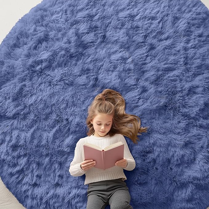 OLANLY Denim Blue Round Rugs for Bedroom by OLANLY