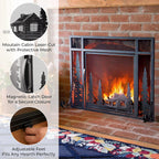 Plow & Hearth Metal Fireplace Screen Cabin Black | 44" W x 33" H | Magnetic Hinged Door | Spark Guard Cover | Stand Alone Wrought Iron Panel Fire Place Cover
