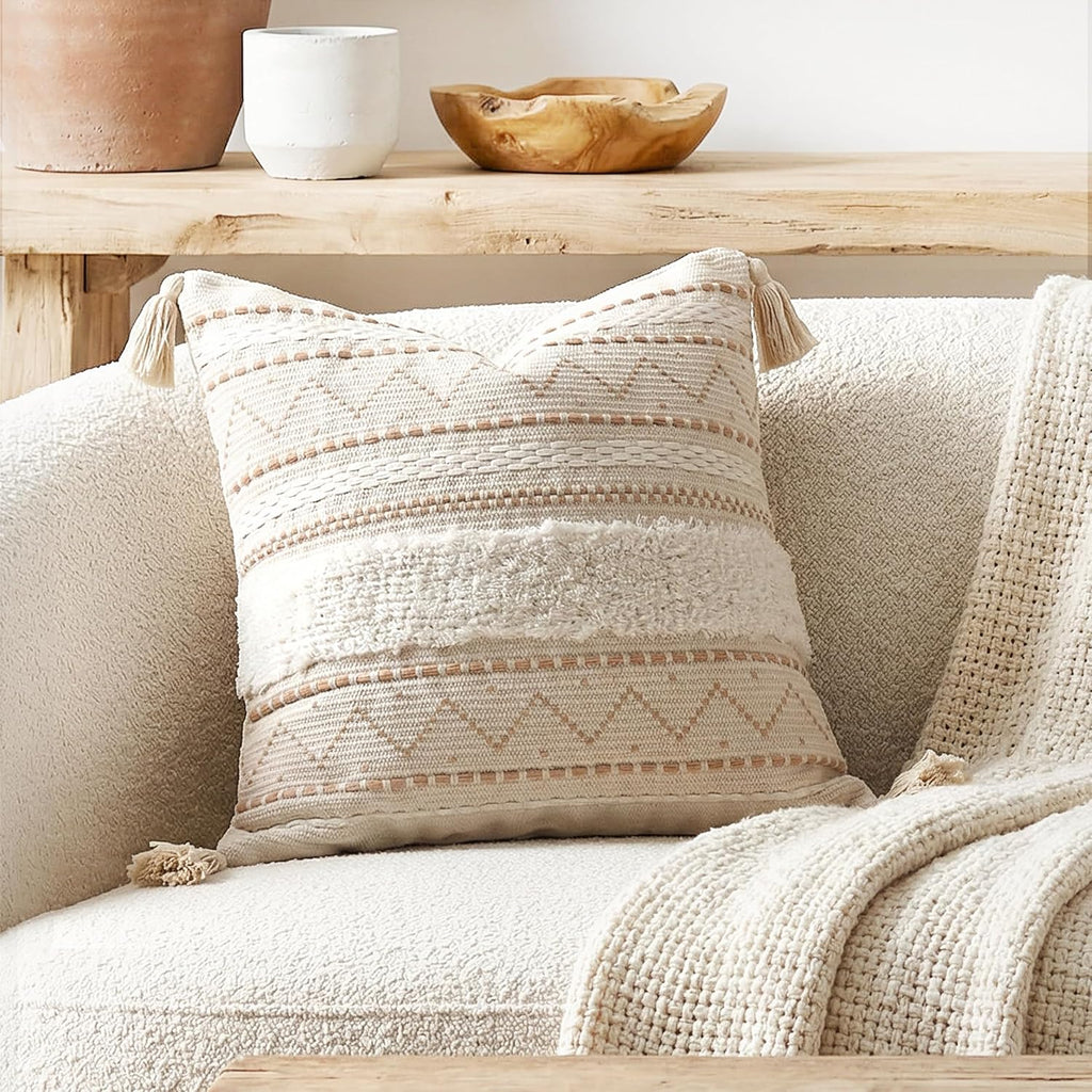BlissBlush 14x36 Lumbar Pillow Cover for Bed, Rectangular Long Decorative Throw Pillowcase, Boho Accent Cushion with Blue Tufted Pattern and Tassels, Cream Neutral (Cover Only)