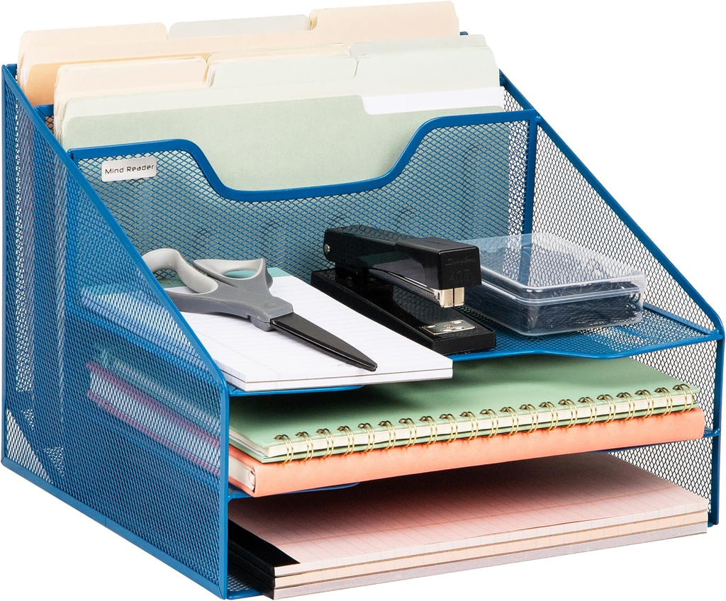 Mind Reader Metal Mesh Desktop File Organizer, 3-Tier Paper Tray with 5 Compartments, Office Mail Sorter, Turquoise