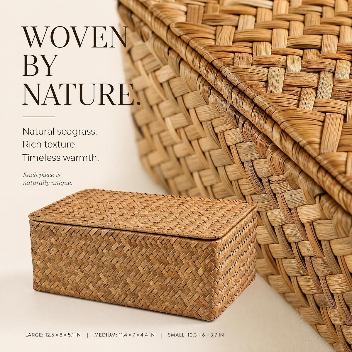 Decorative Wicker Storage Boxes with Lids - Set of 3 Seagrass Organizers