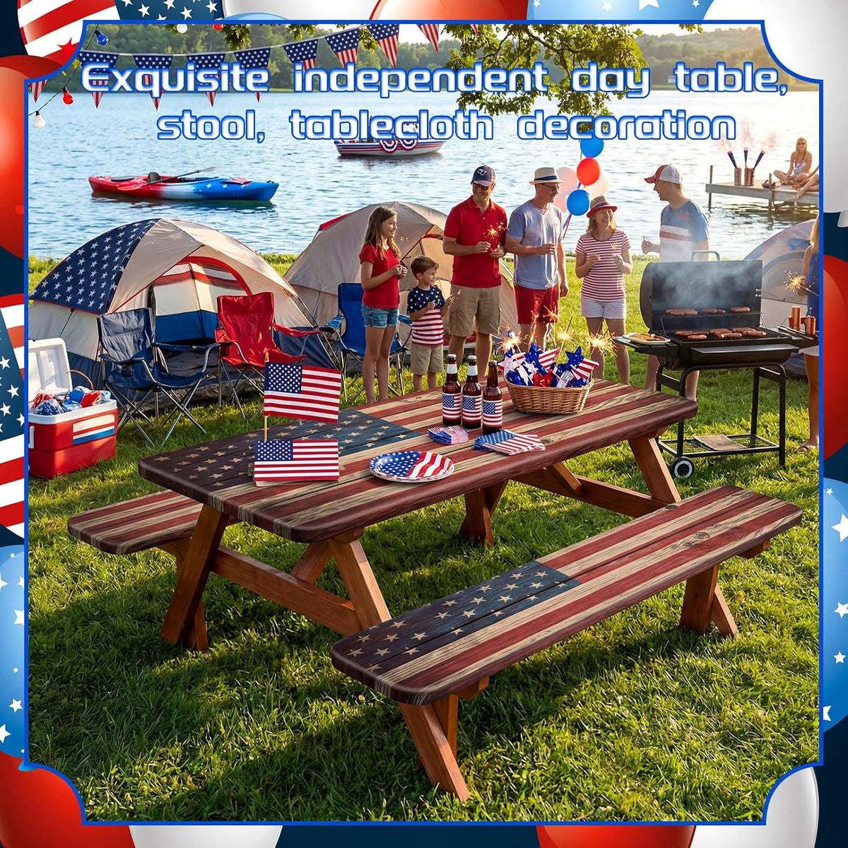 Chumia 3 Pcs American Flag Theme Picnic Table Cover with Bench Covers