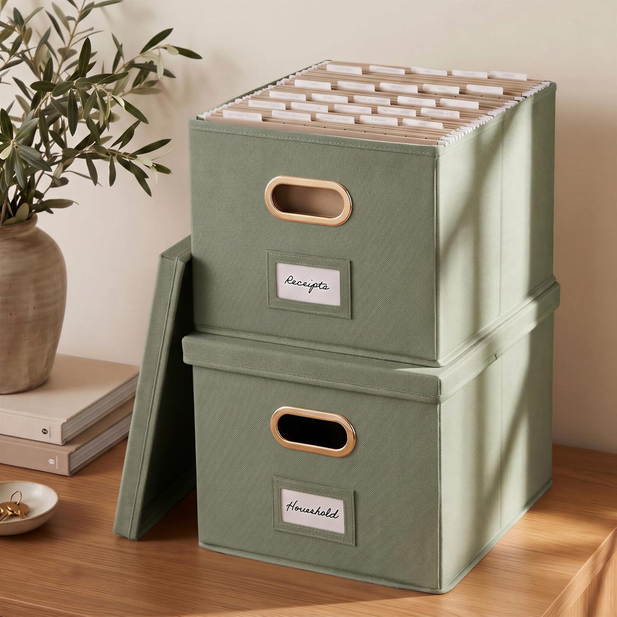 Decorative File Organizer Box Set of 2 - Collapsible Linen Filing Cabinets