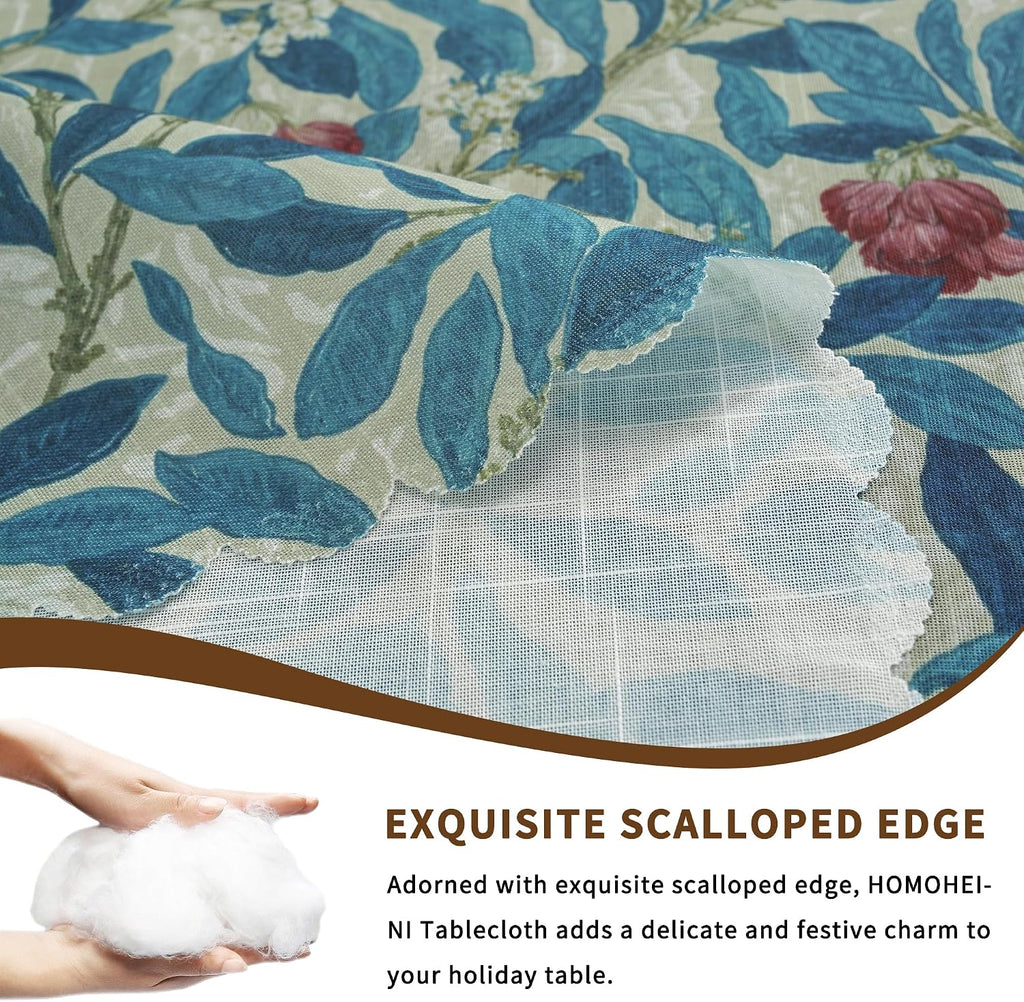 Round Waterproof Tablecloth Linen Textured Table Cloth,Stain and Wrinkle Resistant Washable Fabric Table Cover for Dining, Party, Camping and Outdoor,60Inch, Blue Leaves