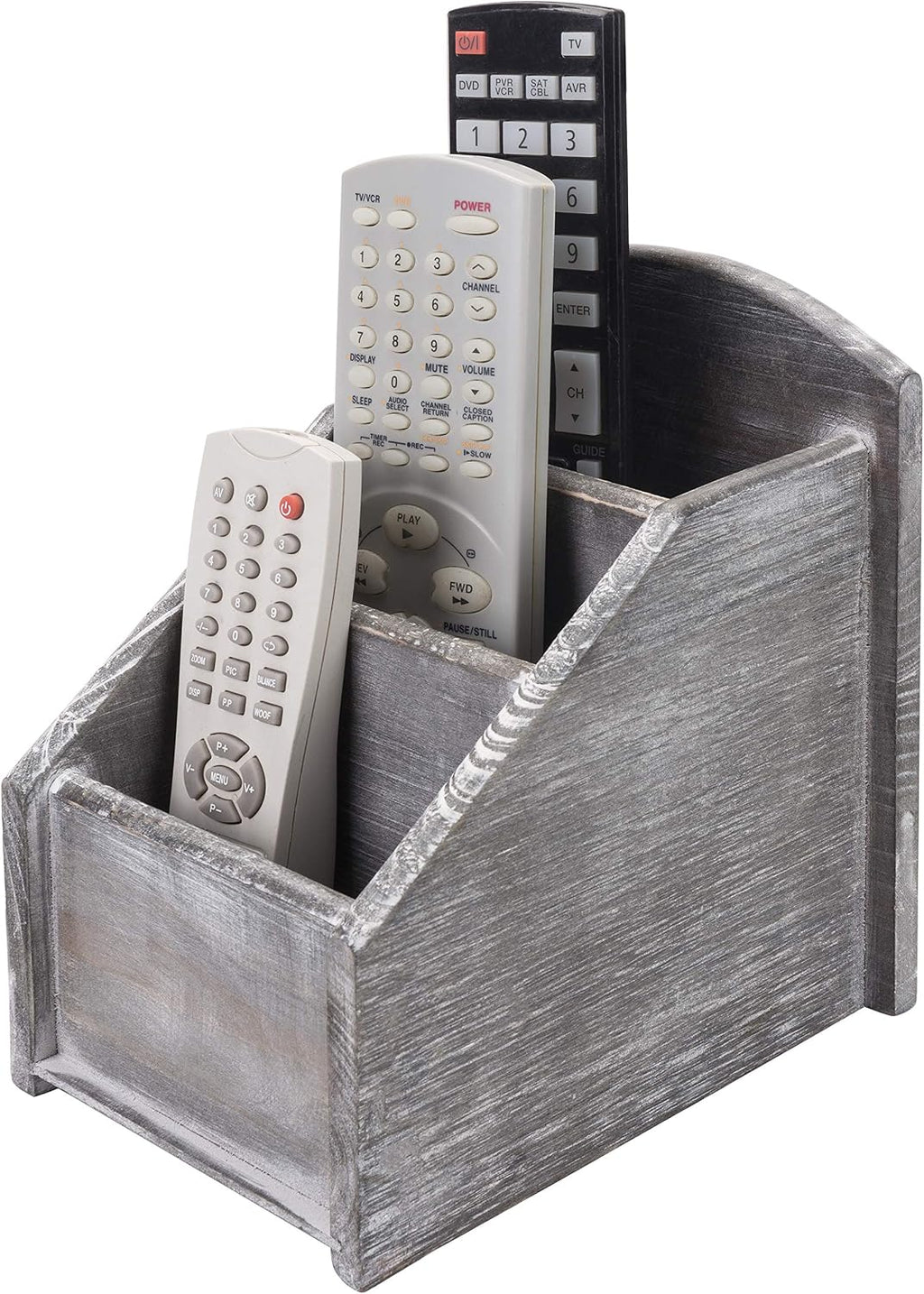 MyGift Graywashed Wood Remote Control Holder, 3-Compartment Organizer