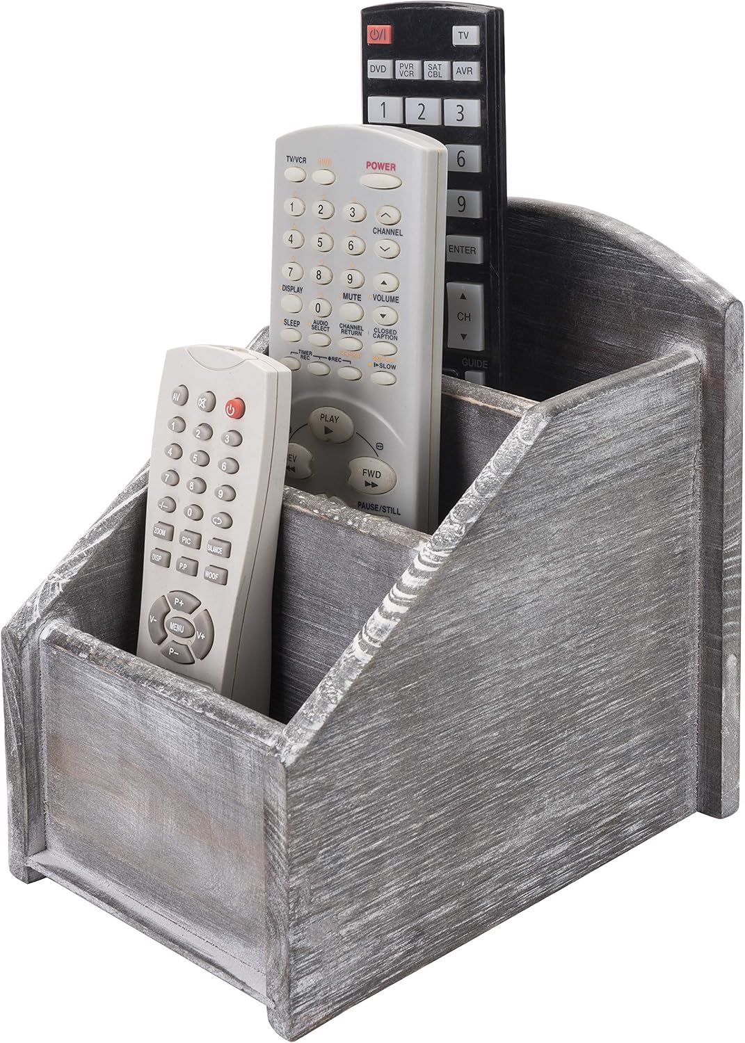 MyGift Graywashed Wood Remote Control Holder, 3-Compartment Organizer