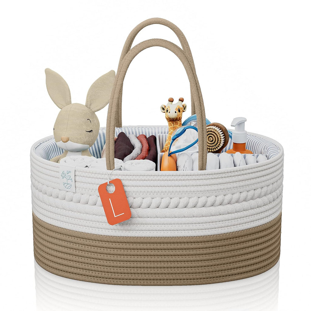 Baby Diaper Caddy Organizer, Cotton Nursery Baby Gift Basket with Handle Lid Baby Caddy Organizer, Portable Baby Basket Diapers & Wipes, Basket for Moms, Wheat Field - Large