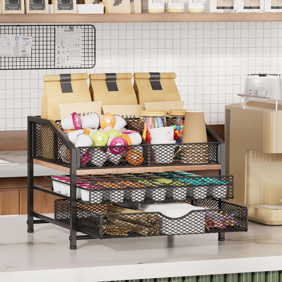 Coffee Bar Organizer for Countertop, Coffee Station Organizer with Removable Dividers, Metal and Wood K Cup Holder Storage Basket for Pods, Syrup, Stirrer and Condiment, Black and Brown