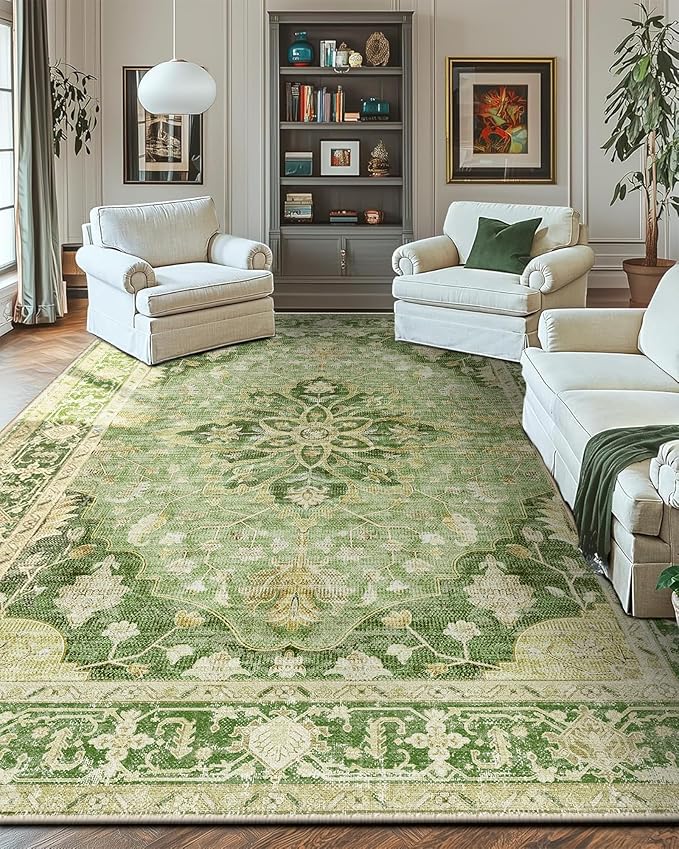 RELEANY Area Rugs 10'x14' Washable Non-Slip, Floral Vintage Distress Print by RELEANY