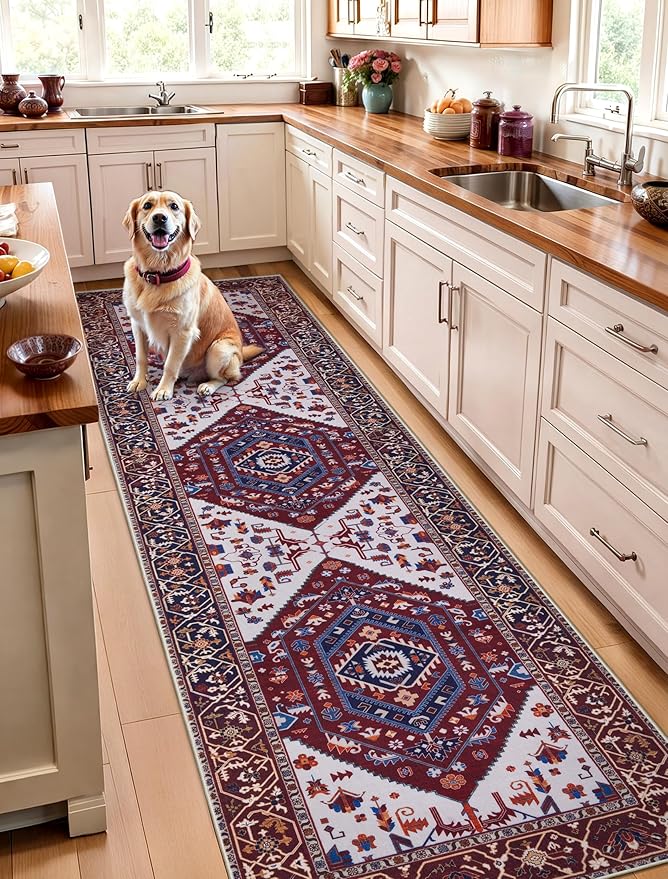 SERISSA Runner Rug for Hallways, Long Boho Rug Vintage Burgundy Navy Hallway - Image 2