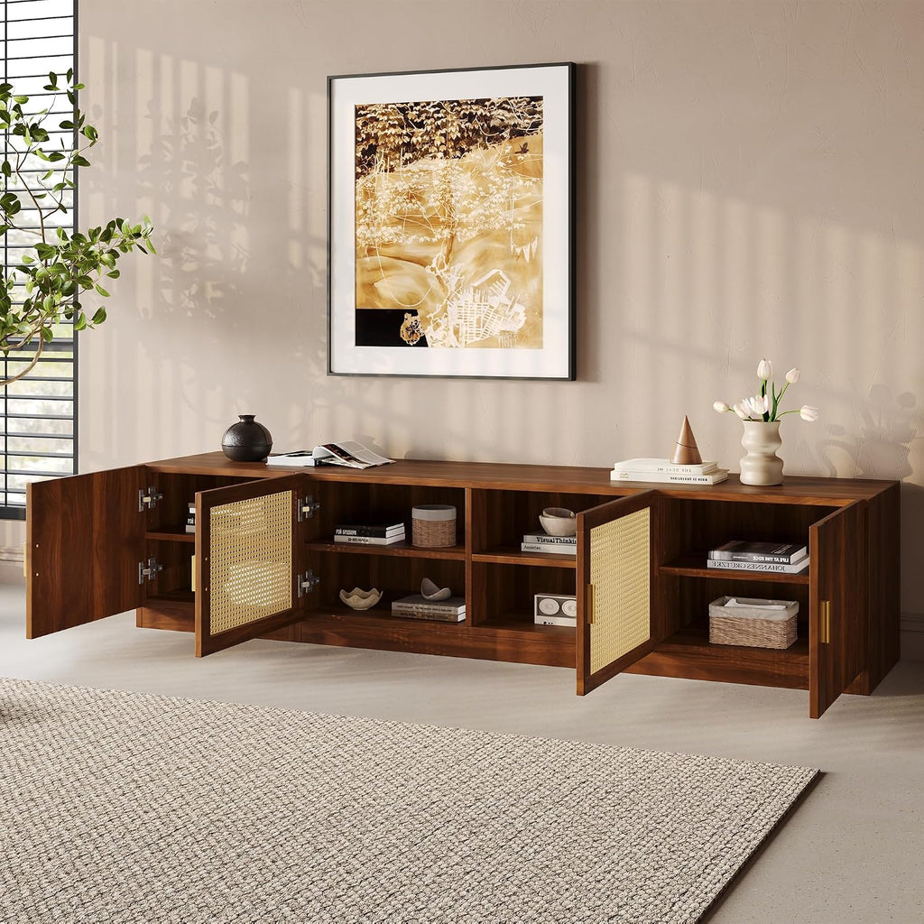 78 Inch Media Console with Fluted & Rattan Doors, Walnut TV Stand for 75–85 Inch TVs, Adjustable Shelves, Sturdy MDF Construction with Cable Management, Retro Entertainment Center for Living Room