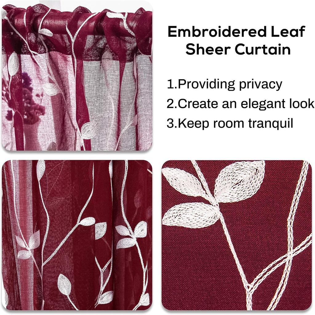 AmHoo 2 Panels Embroidered Leaf Pattern Semi Sheer Curtains Foliage Floral Voile Window Draperies Treatment for Bedroom Living Room Rod Pocket Burgundy Red 53 x 95 Inch