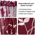 AmHoo 2 Panels Embroidered Leaf Pattern Semi Sheer Curtains Foliage Floral Voile Window Draperies Treatment for Bedroom Living Room Rod Pocket Burgundy Red 53 x 95 Inch