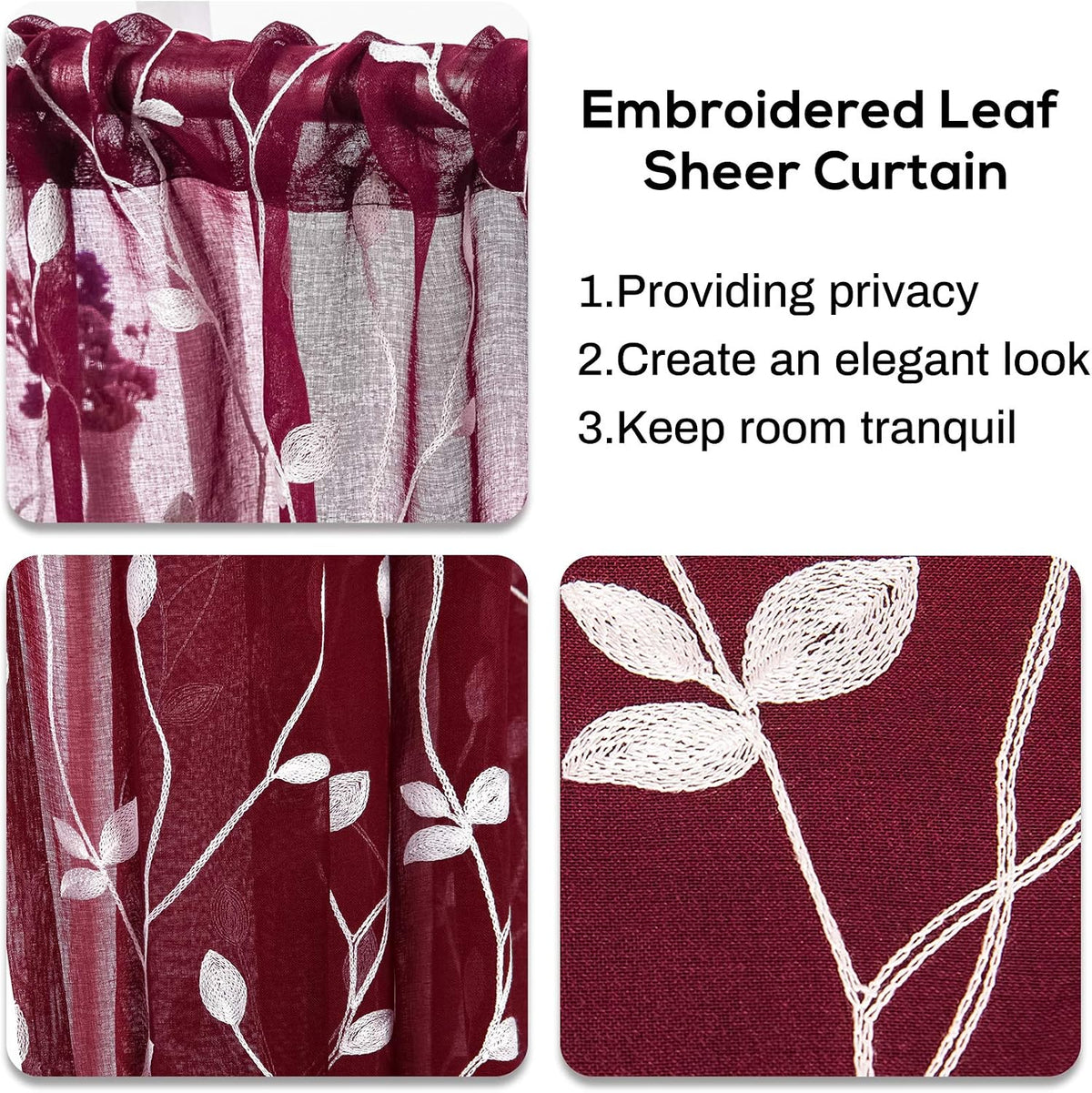 AmHoo 2 Panels Embroidered Leaf Pattern Semi Sheer Curtains Foliage Floral Voile Window Draperies Treatment for Bedroom Living Room Rod Pocket Burgundy Red 53 x 95 Inch