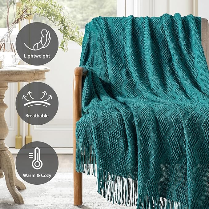 BOURINA Teal Throw Blanket 50x60 Inches Throw Textured Solid Soft Ripple Throws - Image 3