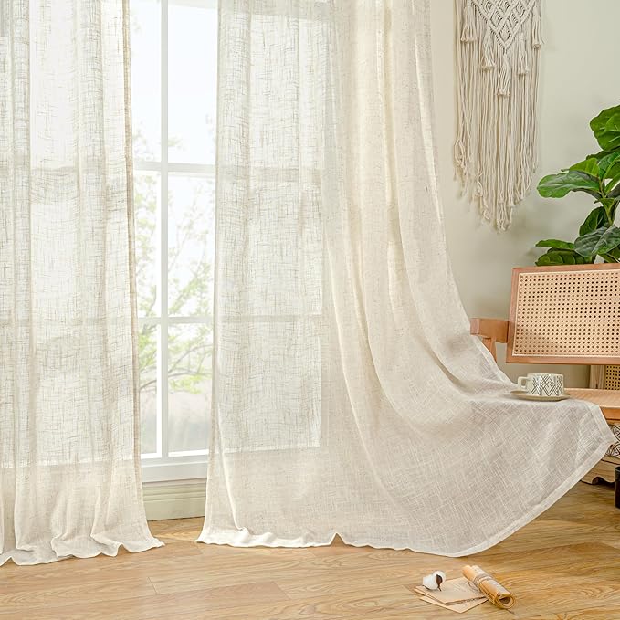 LAMIT 68 inch Semi Sheer Linen Curtains 2 Panels Set, Cream Ivory Light - Image 9