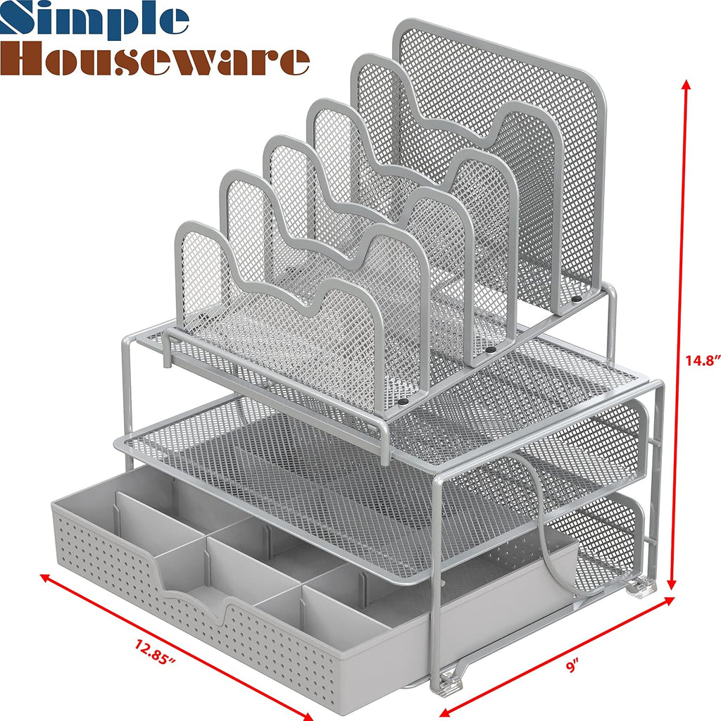 Simple Houseware Mesh Desk Organizer with Sliding Drawer, Silver