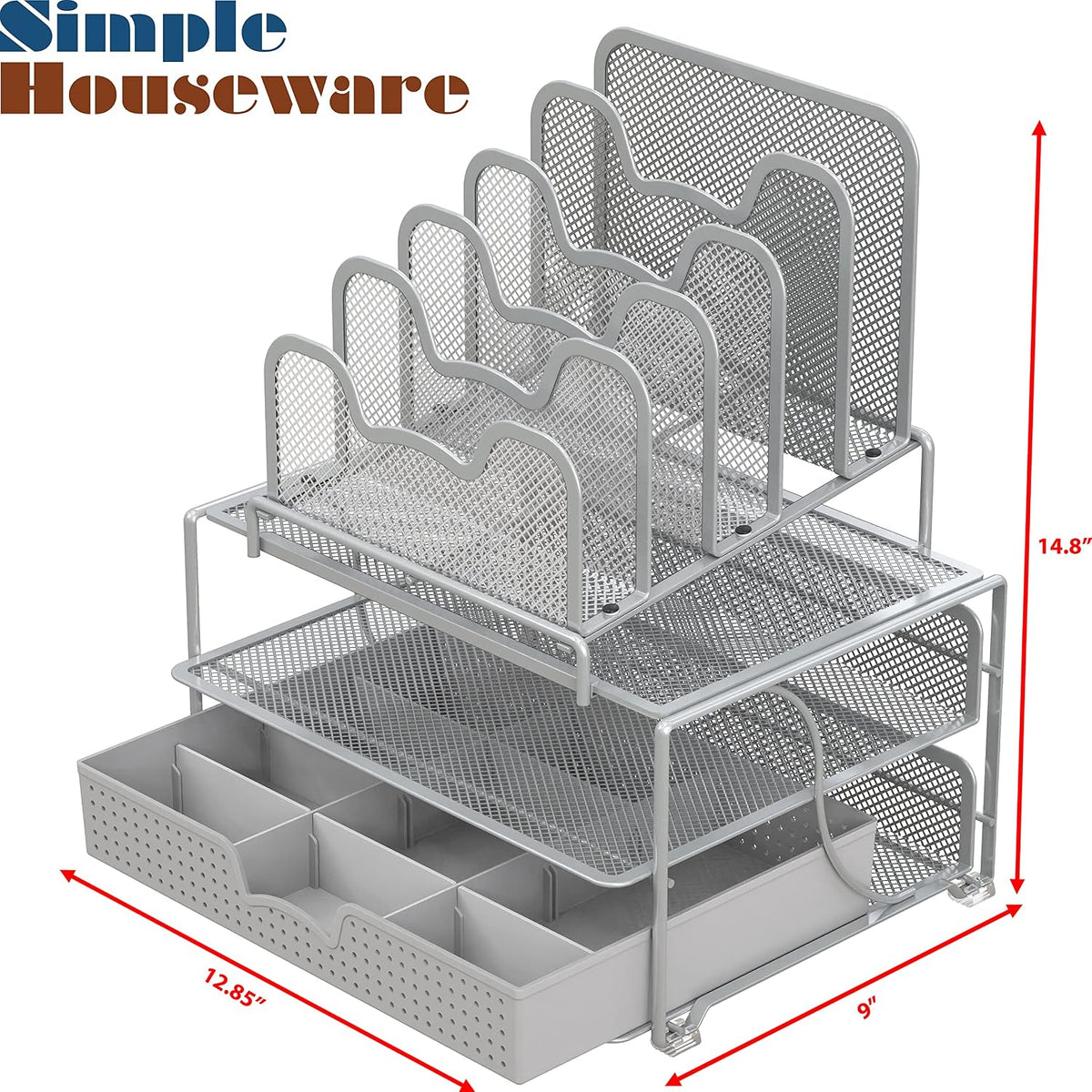 Simple Houseware Mesh Desk Organizer with Sliding Drawer, Silver