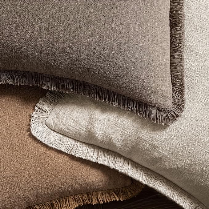 MIULEE Decorative Throw Pillow Covers Neutral Linen Fringe Throw Pillows Set of - Image 4