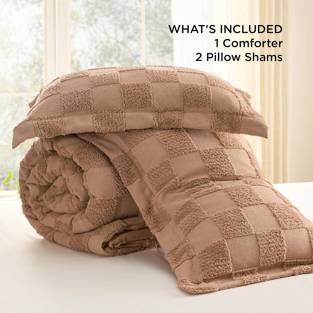 Bedsure Taupe Comforters Queen Set, Vintage Boho Plaid Bedding Set 3 Pcs