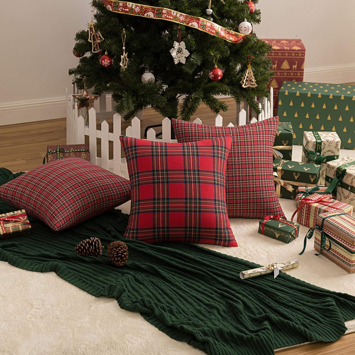 AQOTHES Christmas Plaid Decorative Throw Pillow Covers Red 18x18 Inches