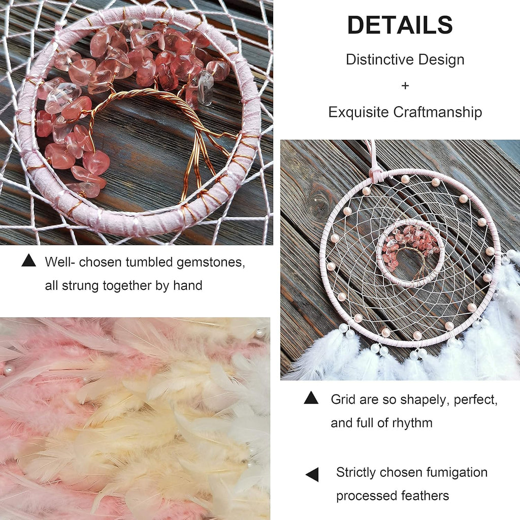 Dream Catchers, Pink Dream Catcher Tree of Life Wall Decor, with Natural Healing Crystal Stone, Perfect Pink Crystal Handmade Dreamlike Dream Catchers for Girls Bedroom Decor Art Craft Gift