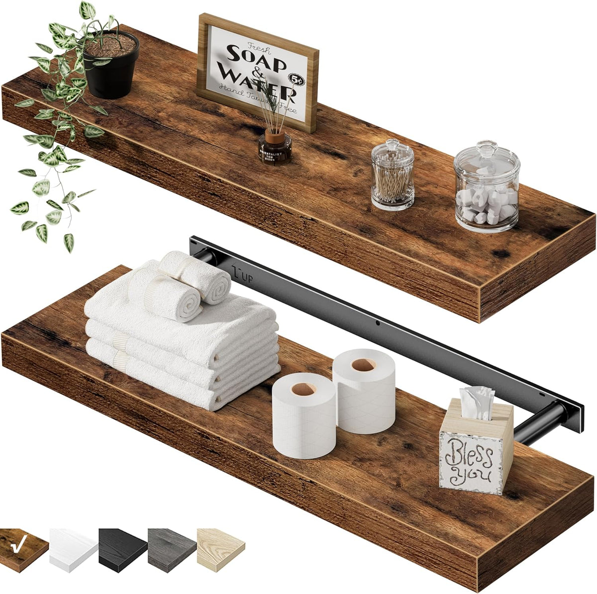 QEEIG Bathroom Long Floating Shelves for Wall (Brown, Set of 2, 23.6")