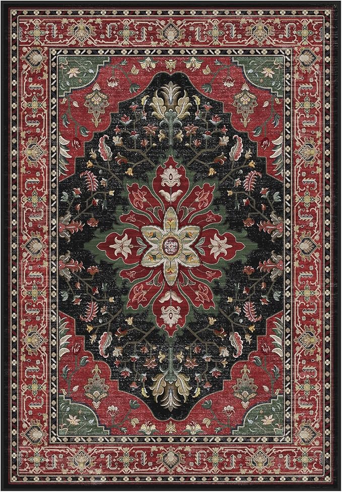 Area Rugs Round 8ft Washable Non-Slip, Floral Vintage Distress Print Pattern by RELEANY