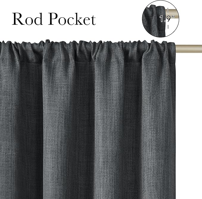 NICETOWN Charcoal Gray Faux Linen Room Darkening Rod Pocket Curtains 63 inch - Image 2
